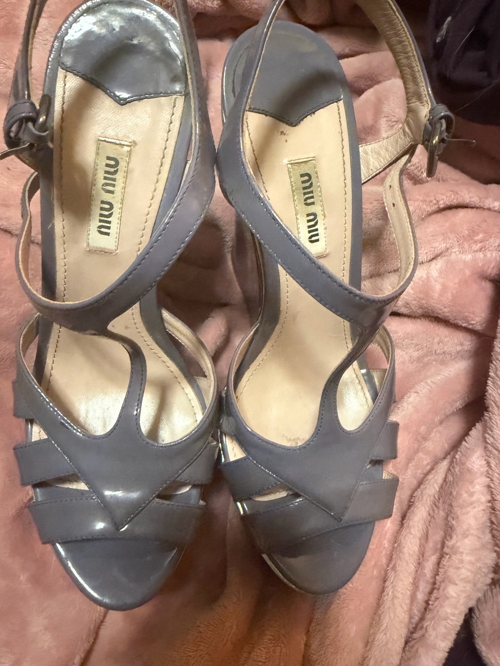 Miu Miu Glossy Purple Patent Leather Strappy Heels